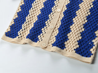 Crochet Open-Knit Two-Piece Set – Short-Sleeve Button Top & Wide-Leg Pants