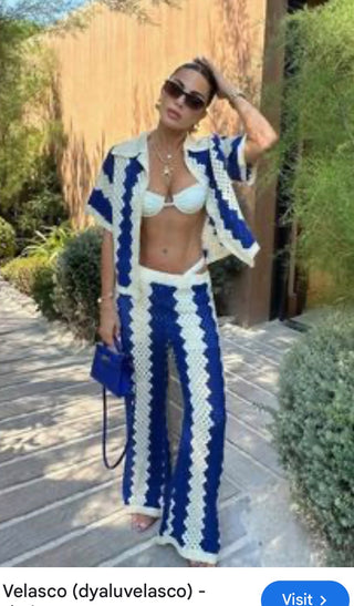 Crochet Open-Knit Two-Piece Set – Short-Sleeve Button Top & Wide-Leg Pants