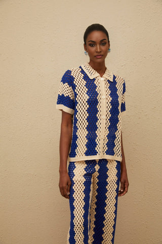 Crochet Open-Knit Two-Piece Set – Short-Sleeve Button Top & Wide-Leg Pants