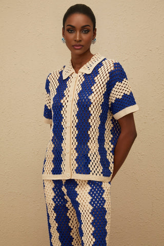 Crochet Open-Knit Two-Piece Set – Short-Sleeve Button Top & Wide-Leg Pants