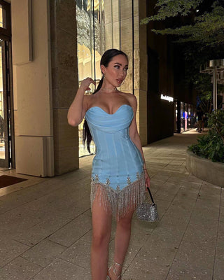 Strapless Corset Mini Dress with Crystal Fringe Hem