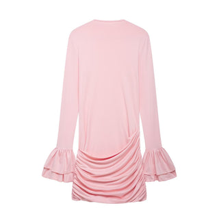 Ruched Long-Sleeve Mini Dress with Layered Flounce Cuffs