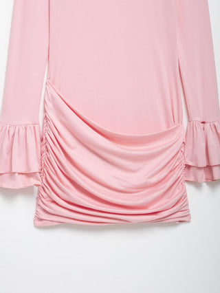 Ruched Long-Sleeve Mini Dress with Layered Flounce Cuffs