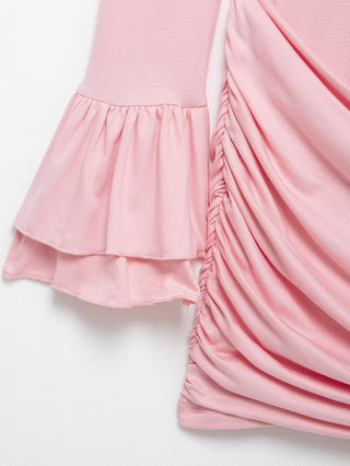 Ruched Long-Sleeve Mini Dress with Layered Flounce Cuffs