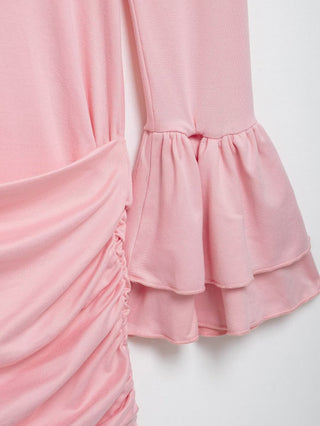 Ruched Long-Sleeve Mini Dress with Layered Flounce Cuffs