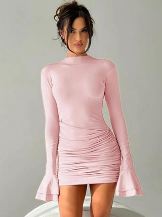 Ruched Long-Sleeve Mini Dress with Layered Flounce Cuffs