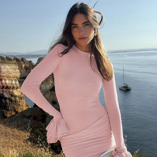 Ruched Long-Sleeve Mini Dress with Layered Flounce Cuffs