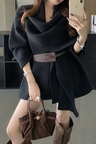 Soft Wool Wrap Coat with Wide Collar