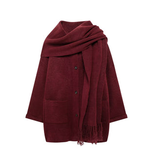 Oversized Wool Blend Coat with Built-In Fringe Scarf