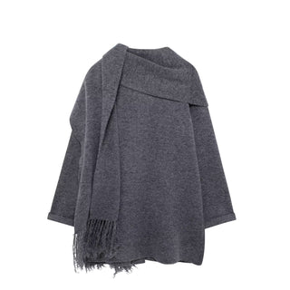 Oversized Wool Blend Coat with Built-In Fringe Scarf