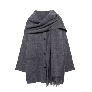 Oversized Wool Blend Coat with Built-In Fringe Scarf