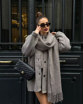 Oversized Wool Blend Coat with Built-In Fringe Scarf