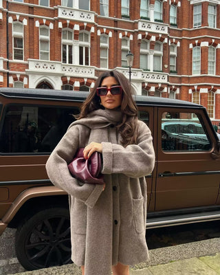 Oversized Wool Blend Coat with Built-In Fringe Scarf