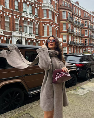 Oversized Wool Blend Coat with Built-In Fringe Scarf