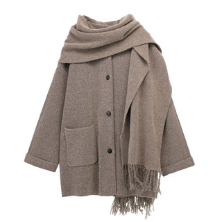Oversized Wool Blend Coat with Built-In Fringe Scarf
