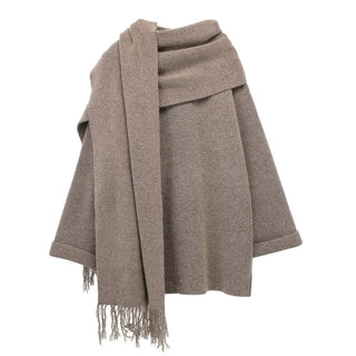 Oversized Wool Blend Coat with Built-In Fringe Scarf