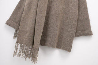 Oversized Wool Blend Coat with Built-In Fringe Scarf