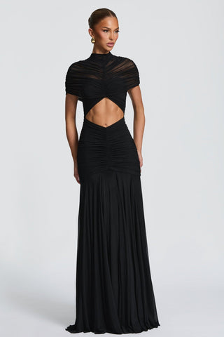 Ruched Mesh Short Sleeve Cut-Out Long Dress