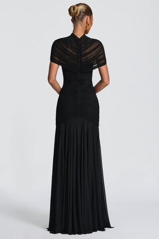 Ruched Mesh Short Sleeve Cut-Out Long Dress