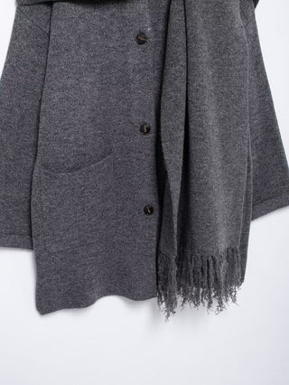 Oversized Wool Blend Coat with Built-In Fringe Scarf