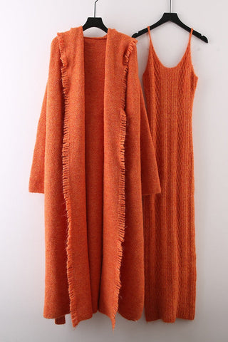 Knitted Maxi Dress and Long Hooded Cardigan Set with Fringe Trim