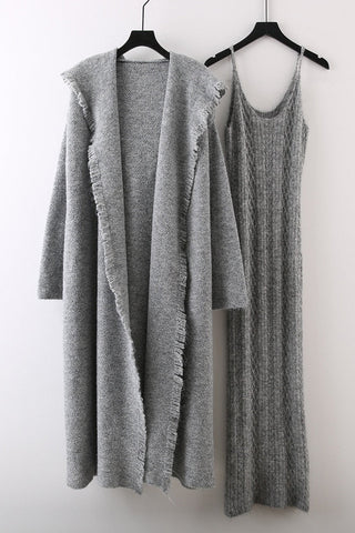 Knitted Maxi Dress and Long Hooded Cardigan Set with Fringe Trim