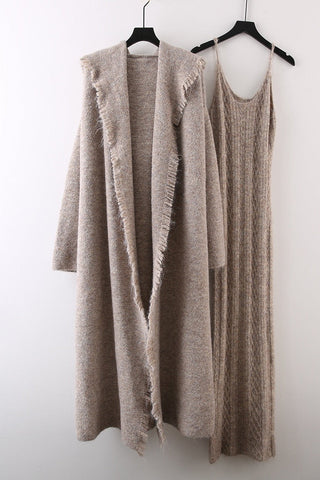 Knitted Maxi Dress and Long Hooded Cardigan Set with Fringe Trim