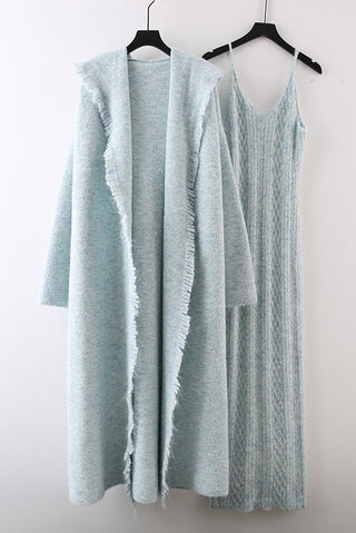 Knitted Maxi Dress and Long Hooded Cardigan Set with Fringe Trim