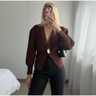 V-Neck Gold Button Long Sleeve Short Knitted Sweater