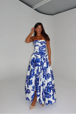 Floral Strapless High Slit Long Dress with Ruched Bodice