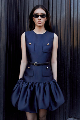 Sleeveless Mini Dress with Ruffle Hem – Satin Fabric & Pocket Detail