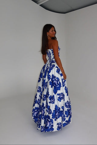 Floral Strapless High Slit Long Dress with Ruched Bodice