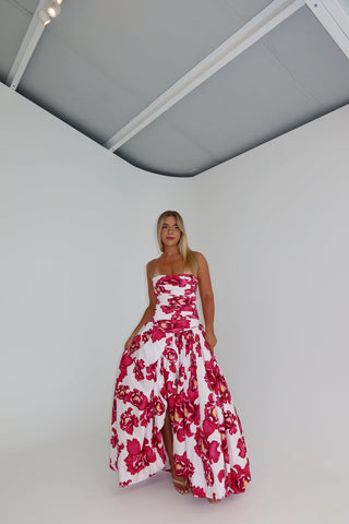 Floral Strapless High Slit Long Dress with Ruched Bodice