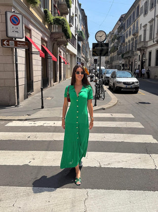 Knitted Button-Up Polo Collar Long Midi Dress – Short Sleeve