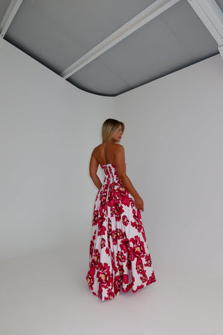 Floral Strapless High Slit Long Dress with Ruched Bodice