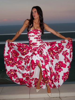 Floral Strapless High Slit Long Dress with Ruched Bodice