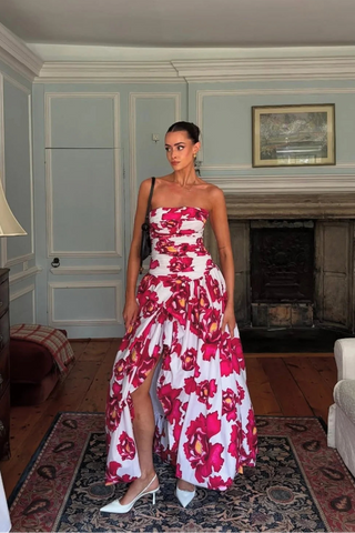 Floral Strapless High Slit Long Dress with Ruched Bodice