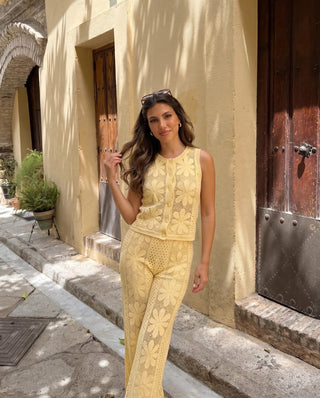 Sunflower Lace Embroidered Hollow Knit Sleeveless Button Up Top & Flared Pants Set