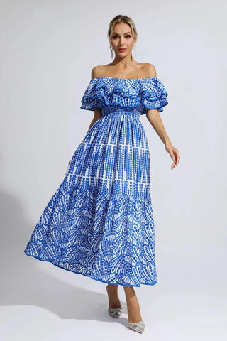 Embroidered Off Shoulder Ruffled Long Dress