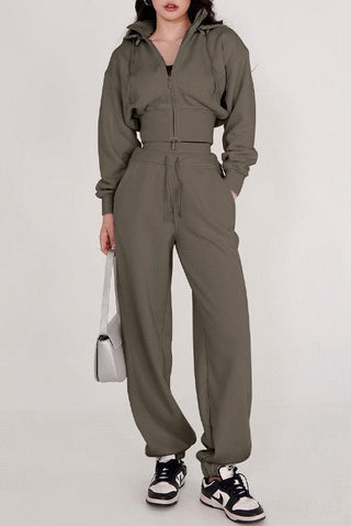 Two-Piece Sport Set with Cropped Zip Hoodie and High-Waisted Joggers