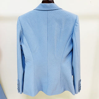 Three-Piece Light Blue Rhinestone Pantsuit Set with Blazer, Crop Top, and Flared Trousers