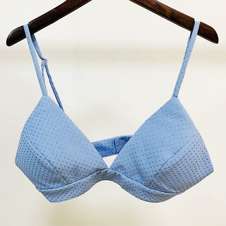 Three-Piece Light Blue Rhinestone Pantsuit Set with Blazer, Crop Top, and Flared Trousers