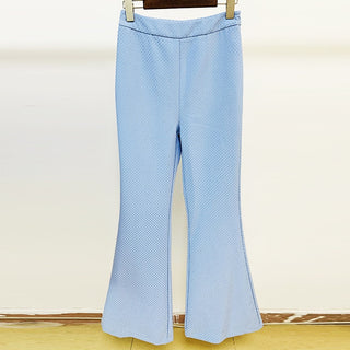 Three-Piece Light Blue Rhinestone Pantsuit Set with Blazer, Crop Top, and Flared Trousers