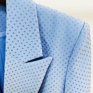 Three-Piece Light Blue Rhinestone Pantsuit Set with Blazer, Crop Top, and Flared Trousers