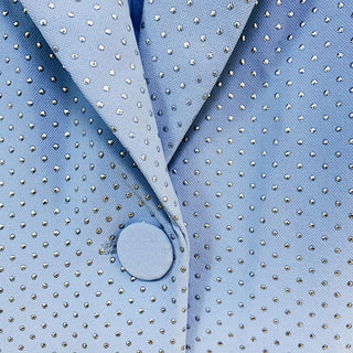 Three-Piece Light Blue Rhinestone Pantsuit Set with Blazer, Crop Top, and Flared Trousers