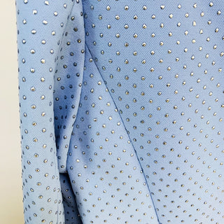 Three-Piece Light Blue Rhinestone Pantsuit Set with Blazer, Crop Top, and Flared Trousers