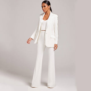 White Embellished Two-Piece Suit Set with Blazer and Flared Pants