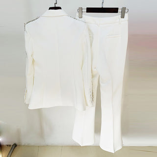White Embellished Two-Piece Suit Set with Blazer and Flared Pants