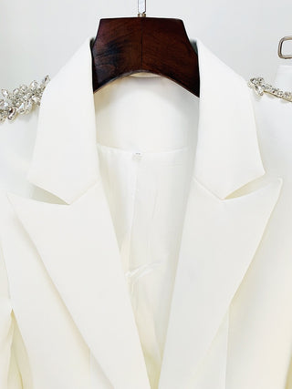 White Embellished Two-Piece Suit Set with Blazer and Flared Pants