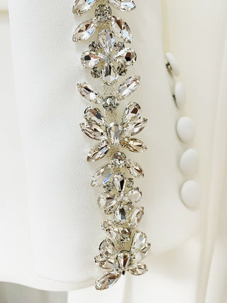 White Embellished Two-Piece Suit Set with Blazer and Flared Pants